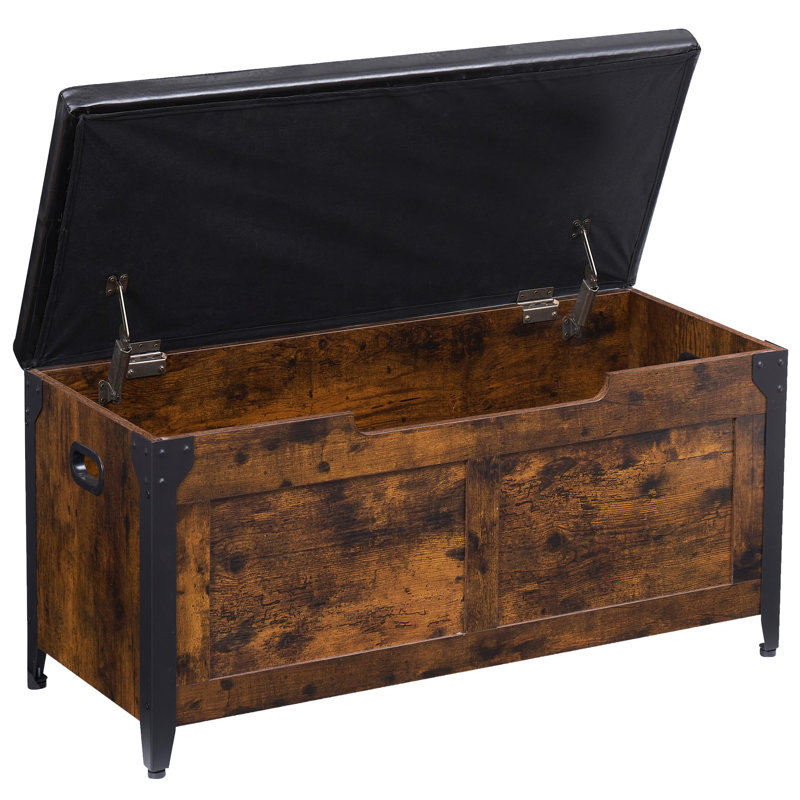 Storage Chest, Wooden Storage Trunk With Metal Frame, Entryway Shoes Bench With Cushio