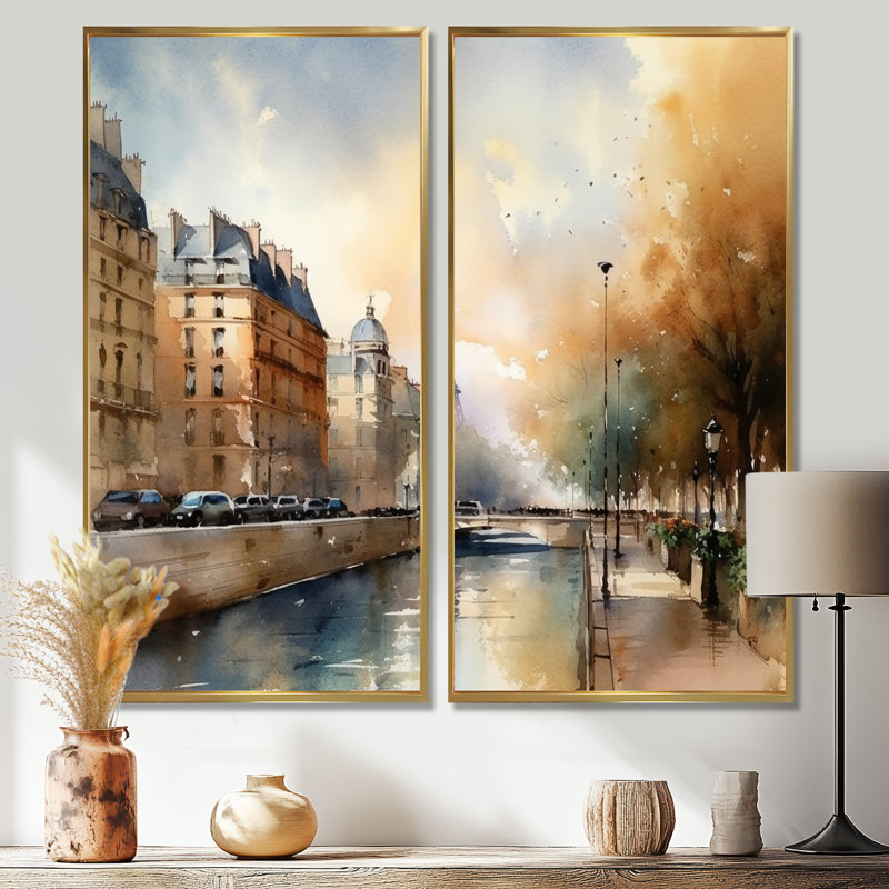 Magnifique paysage pastel de Paris - art mural traditionnel beige 2 panneaux, H 20 po x l 24 po, Doré