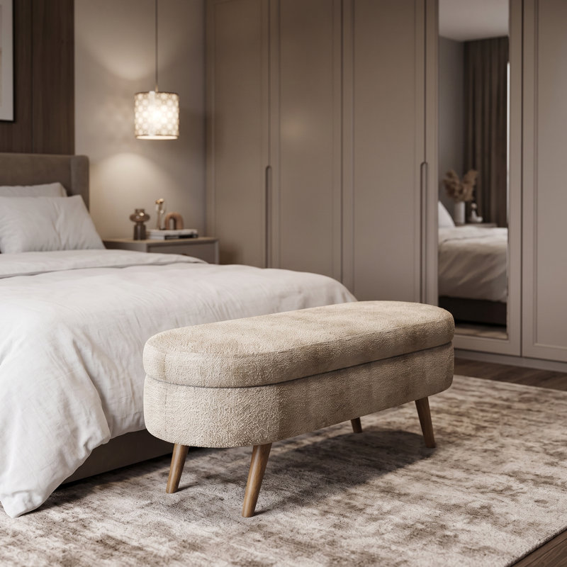 Repose-pieds ovale avec rangement en tissu plissé, pieds en bois d'hévéa massif et intérieur spacieux - Repose-pieds polyvalent, sièges supplémentaires et pièce décorative