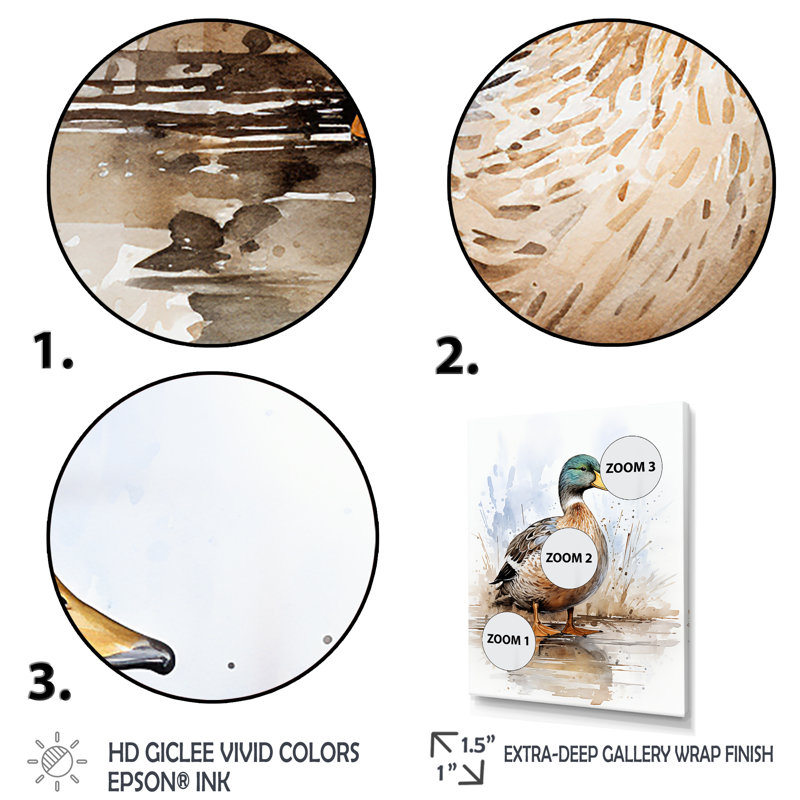Canard colvert minimaliste à l'étang I - Art mural animal canard, Cadre doré simple, H 32 po x l 24 po x P 1 po
