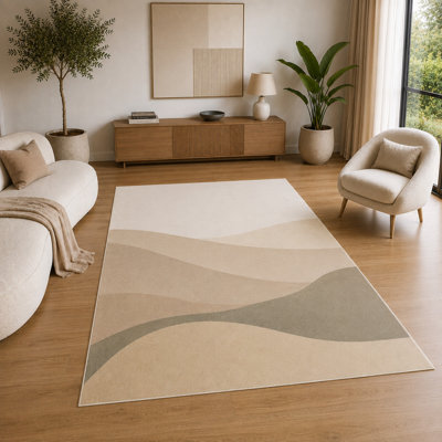 "Ultra Thin" 5'x7' Modern Minimalist Abstract Area Rug for Living Room, Soft Low Pile Indoor Rug with Non-Slip Silicone Backing, Decorative Carpet for Bedroom, Office, Beige