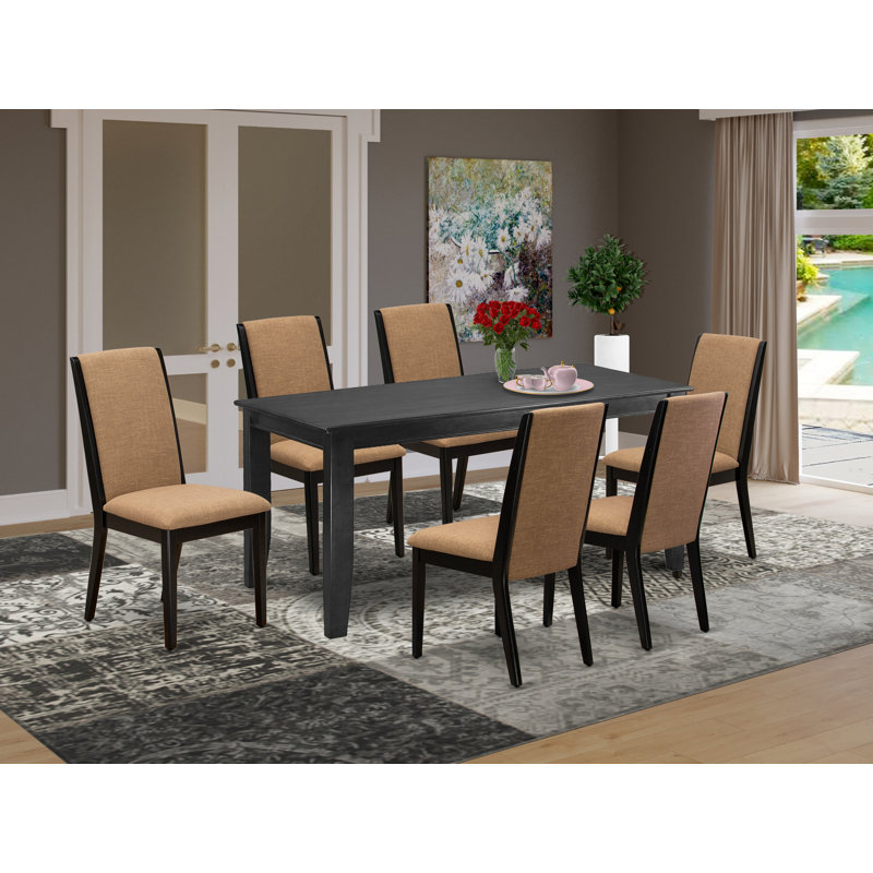 Ensemble de table et chaises de cuisine 7 pièces comprenant une table de salle à manger rectangulaire et 6 chaises rembourrées en tissu de lin sable noir