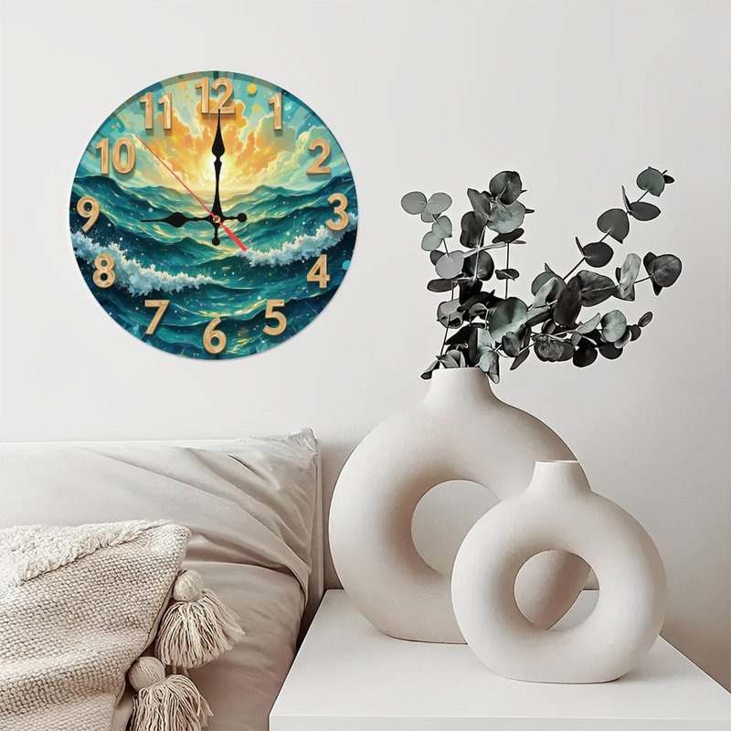 Horloge avec coucher de soleil sur les vagues de l'océan