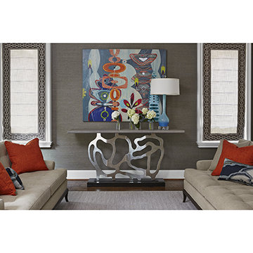 Sculpted 74'' W Solid Wood Console Table, Gray, Silver Metal Leaf/Black