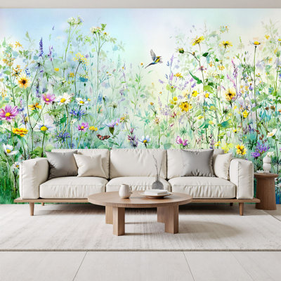 Floral, papier peint auto-adhésif Spring Meadow, aquarelle, tournesols, peintures murales, H 69 po x l 96 po, amovible, papier peint en PVC, peintures murales auto-adhésives, décoration pour enfants, chambre à coucher, salon