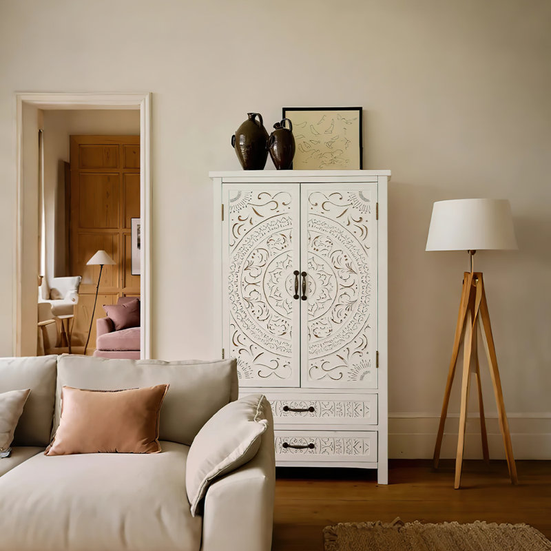 Tall White & Natural Multi-functional Storage Cabinet With Carved Detailing