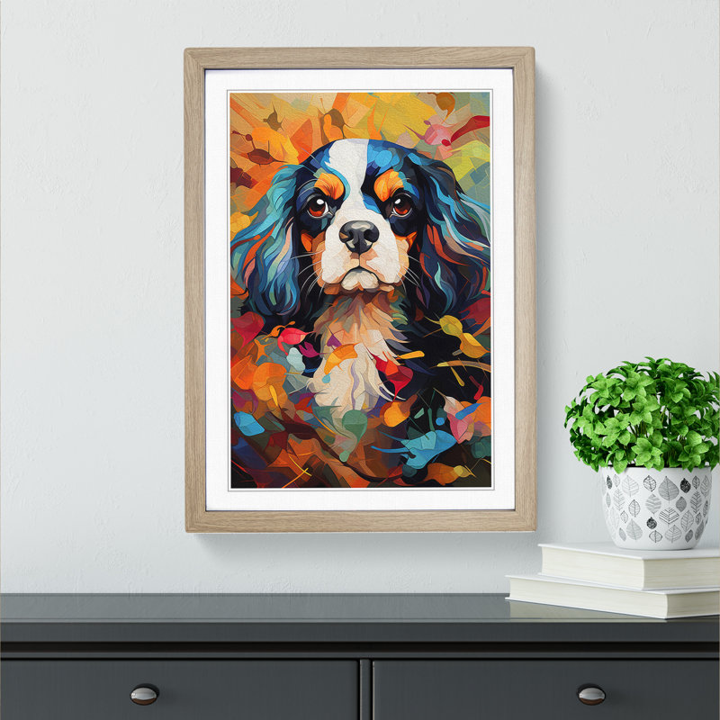 Cavalier King Charles Spaniel Orphism - Single Picture Frame Print on Wood, Oak Framed, 46cm H x 34cm W x 2cm D