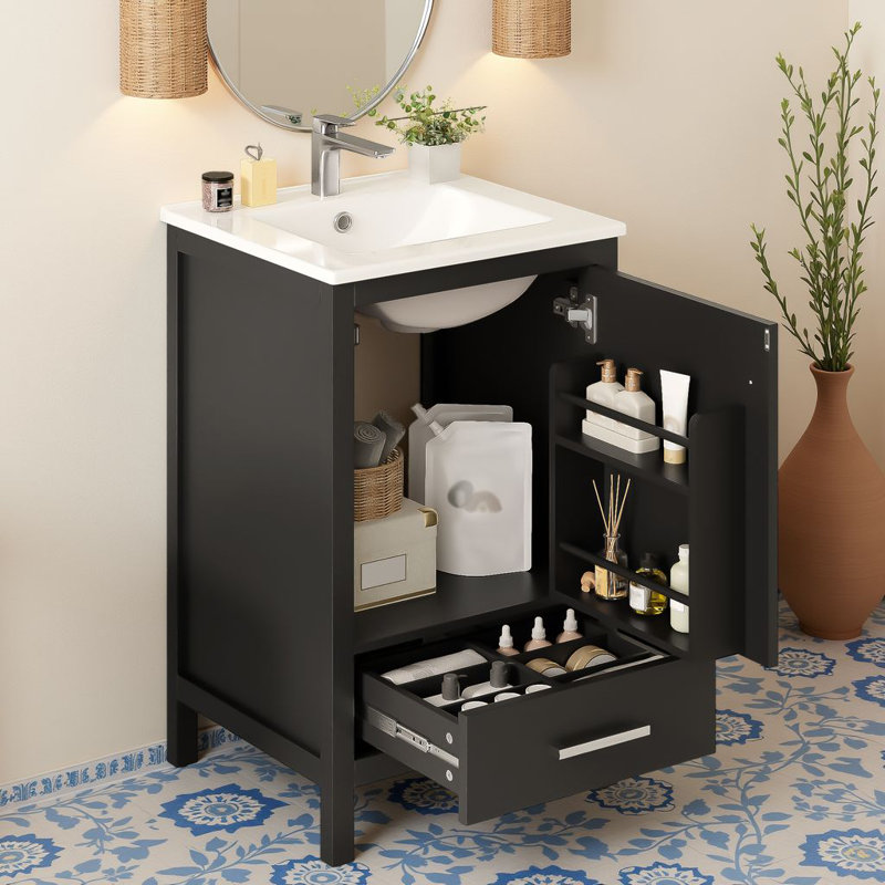 Meuble-lavabo autoportant de 20 po avec lavabo en céramique, 1 porte à fermeture en douceur, 1 tiroir divisé et patins réglables
