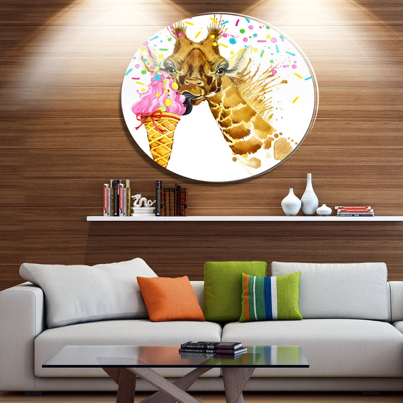 «Giraffe Eating Ice Cream Watercolor», reproduction de peinture à l'huile sur métal, H 36 po x l 36 po