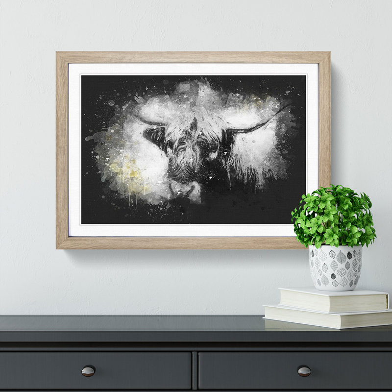 Paint Splattered Highland Cow Framed Print, Oak Framed, 33cm H x 45cm W x 2cm D