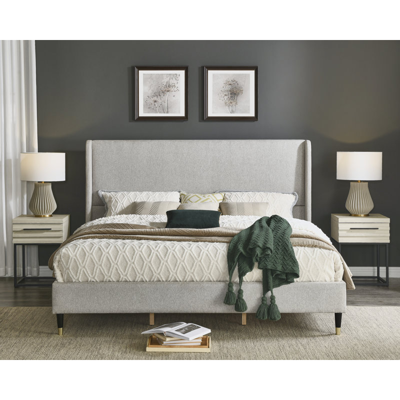 Rozitta Upholstered Wingback Bed, King, Light Gray Polyester