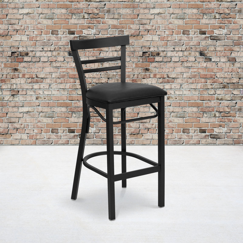 Worley Two-Slat Ladder Back Metal Restaurant and Dining Barstool with Vinyl Upholstered Seat, 1, Black