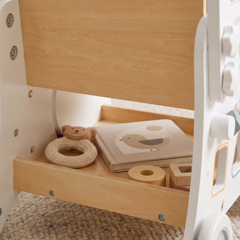 Poussette et centre d'activités en bois avec jeu de rôle, trieur de formes et rangement