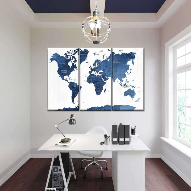 «Blue Textured World Map», reproduction sur toile, H 24 po x l 38 po x 1,25 po
