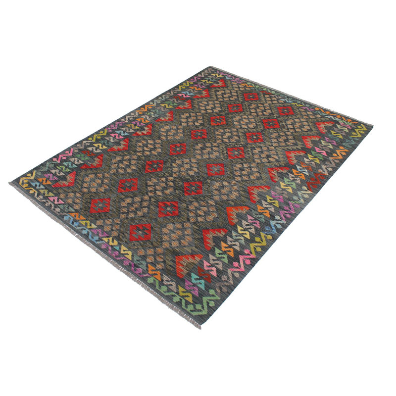 Tapis rouge / vert en laine noué à la main de 5 pi 9 po x 8 pi 3 po Cedorah Southwestern