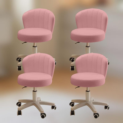 XUEGW Set of 4 Scallop Faux Leather Armless Height Adjustable Rolling Vanity Desk Chair, Pink