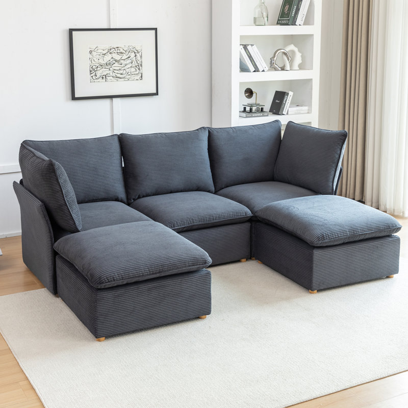 Hepworth Dejohn Corduroy Sectional Sofa With Two Ottomans, 36" H x 95.5" W x 62.5" D, Gray Corduroy
