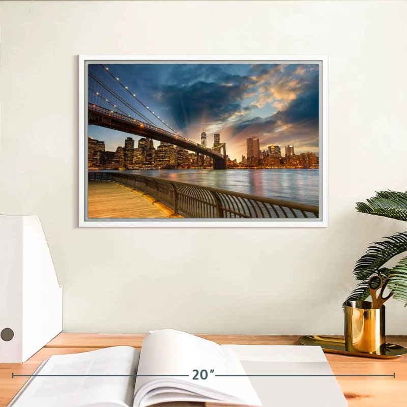 Soleil de Brooklyn Bridge, Cadre flottant blanc, 13 po x 9 po
