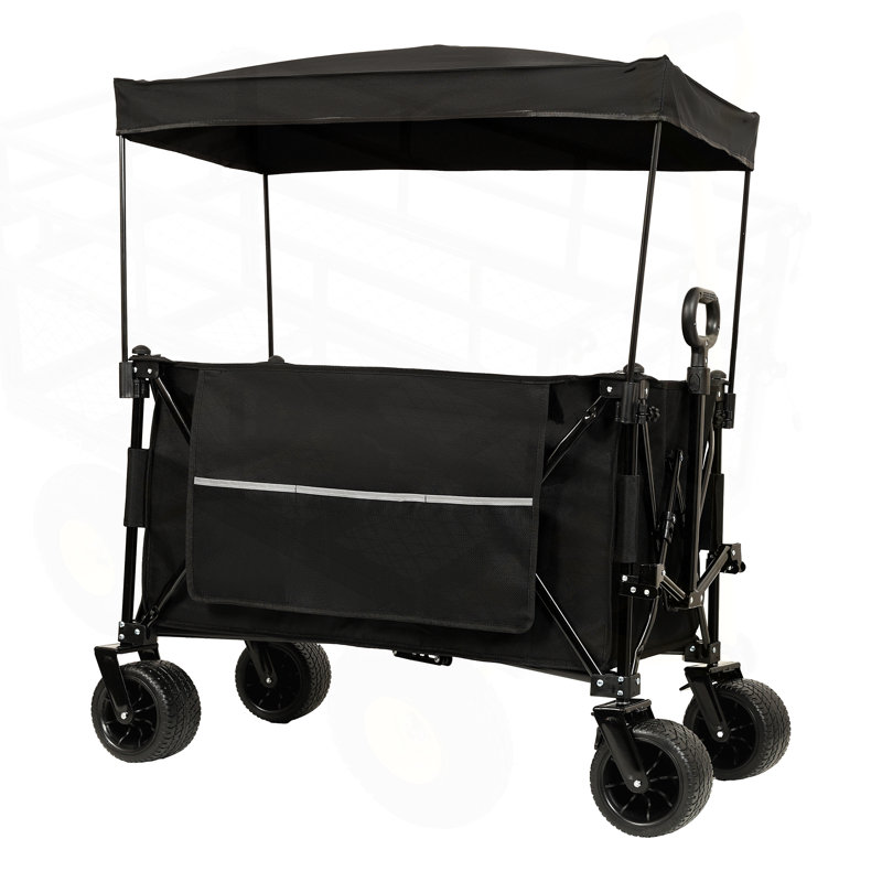 Wagon pliable pliable avec auvent, capacité de 480 lb, roues tout-terrain, porte-gobelets, poche latérale et freins, moustiquaire