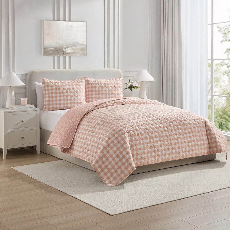 Ensemble de courtepointe en microfibre VCNY Home Gingham, Courtepointe pour grand lit + 2 taies décoratives, Rose