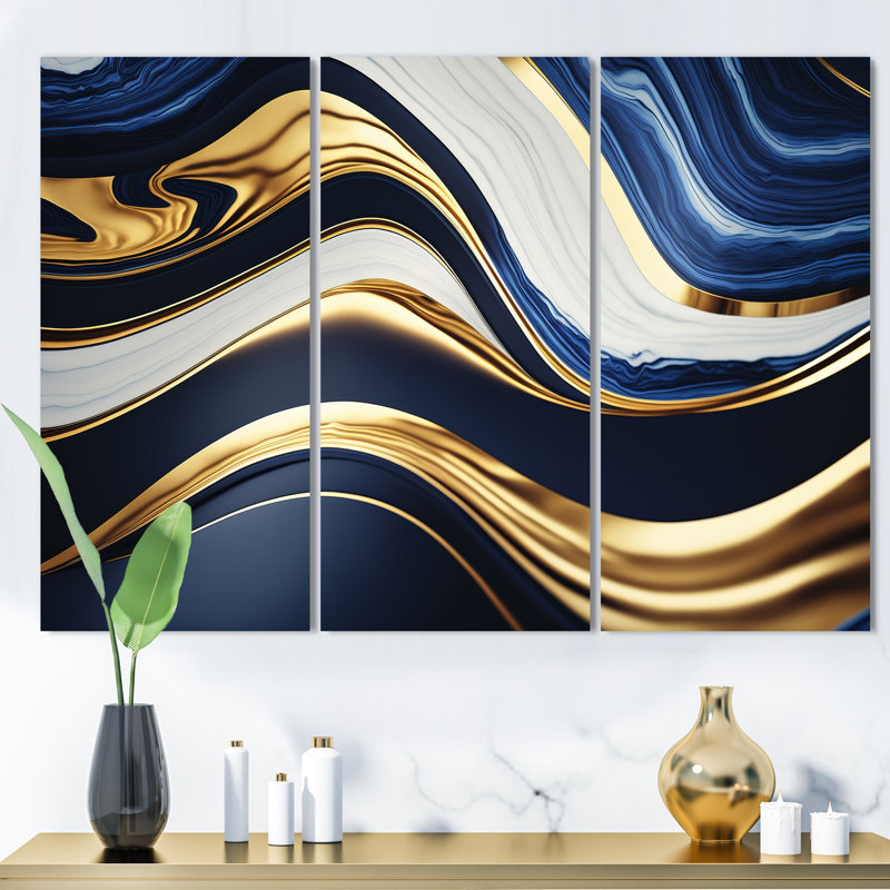 «Abstract Geode Waves Blue and Gold V», ensemble d'art mural abstrait sur toile, H 32 po x l 48 po x P 1 po, Toile tendue