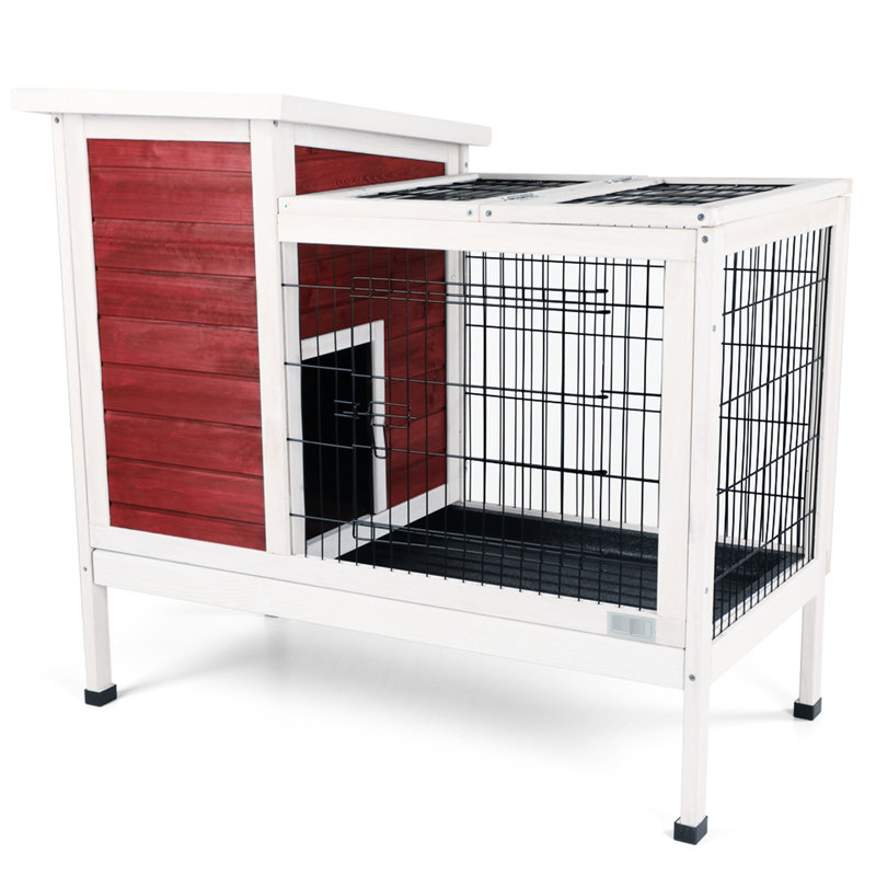 Cage en bois rouge pour petits animaux - Spacieuse, hygiénique, avec un lapin en maille métallique dans une clôture intérieure