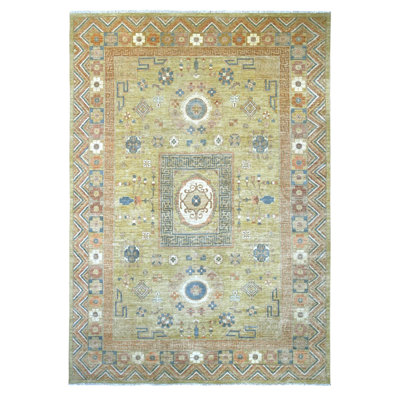 Tapis oriental en laine pure 9 pi 9 po x 13 pi 9 po Peshawar avec motif Khotan, colorants naturels, noué à la main