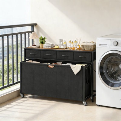 Chariot à linge avec bureau et tiroirs; Panier à linge roulant avec sac à ordures amovible, support à linge avec roulettes et tablettes; Convient aux salles de lavage