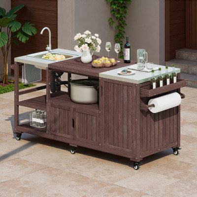 Îlot de cuisine 75,4 po avec évier, chariot de barbecue en bois massif pour gril à œufs vert XL, chariot de bar extérieur roulant avec plateau en acier inoxydable