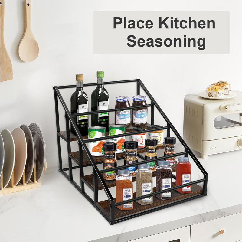 4-Tier Coffee Syrup Rack Organizer For Liquor Bottles, Spices, And Kitchen Condiments - Durable Metal Frame With Rustic Wood Base - Space-Saving Design Holds 16 Bottles