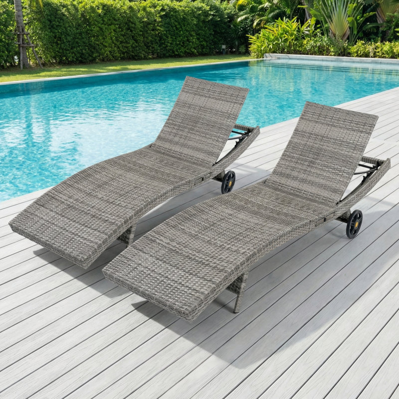 80" Patio Wicker Chaise Lounge Set,Outdoor Rattan Reclining Chair with Rolling Wheels, Pull-out Side Table, Adjustable Backrest for Poolside