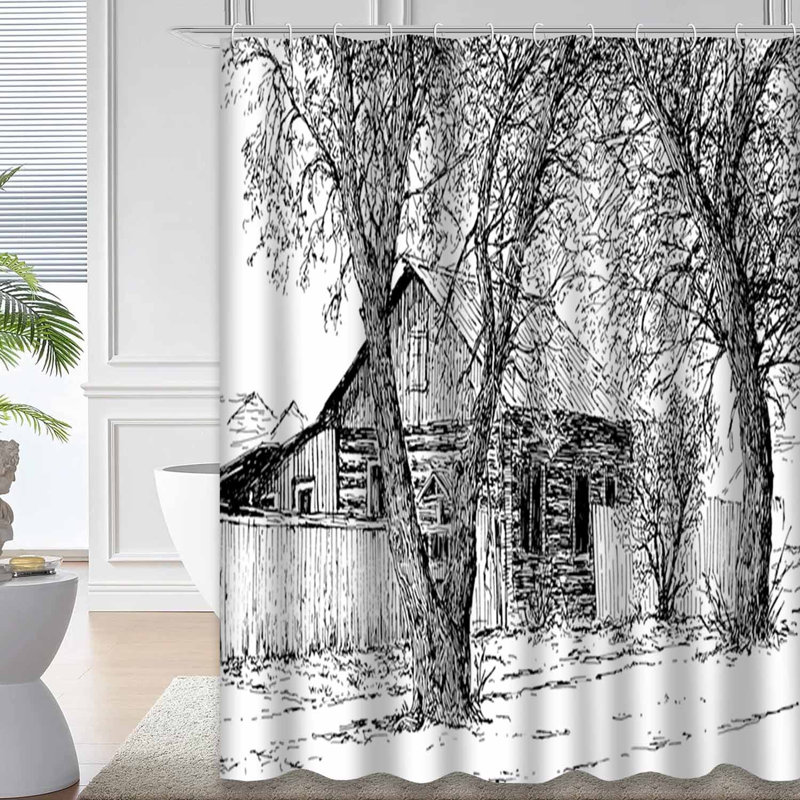 Maison de campagne noir et blanc avec croquis à l'encre et 12 crochets, L 72 po x l 72 po