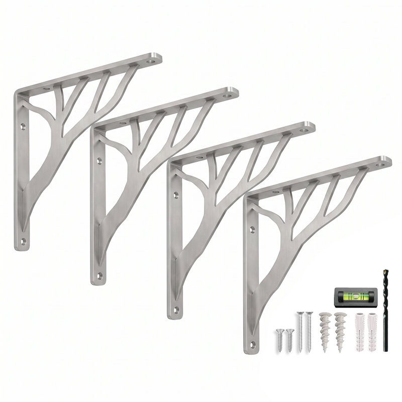 Rustic Tree Shelf L Brackets by Balin Designs (Chrome) for 6 inch - 8 inch Shelves - Heavy-Duty Decorative Metal Mantel Bracket Supports - Easy Installation with Included Hardware - Set of 4