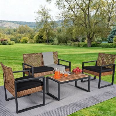4-Piece Patio Furniture Set Acacia Wood Table Top Modern Black Light Brown For Balcony Porch Garden