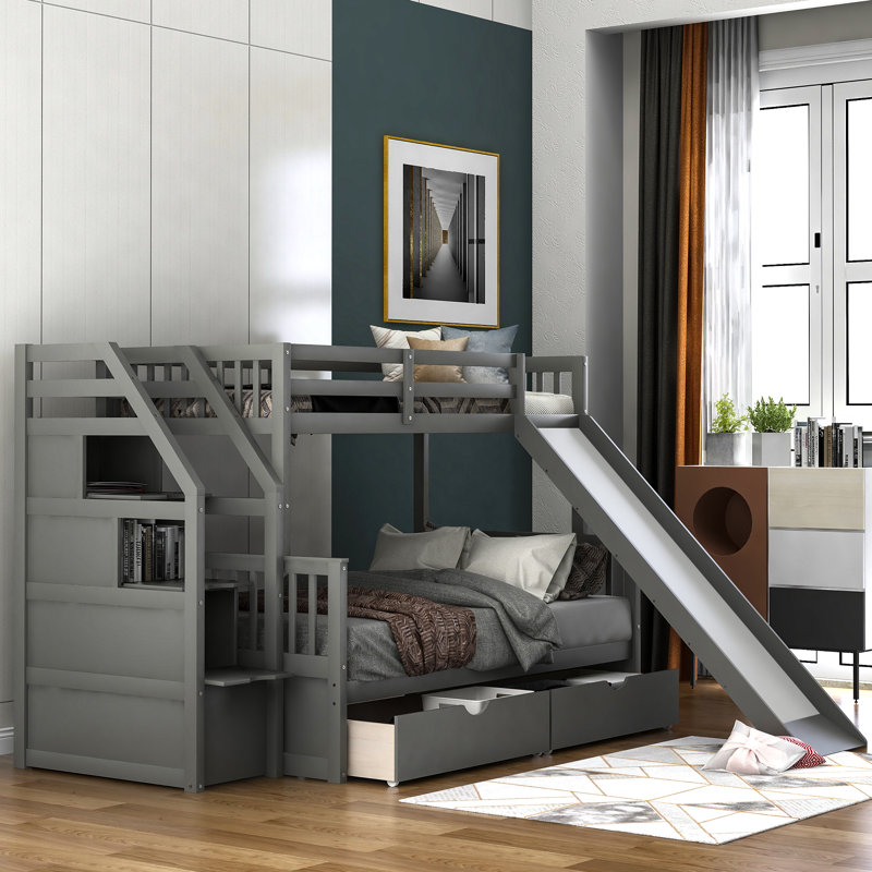 Twin Over Full Bunk Bed With Storage Staircase, Gray