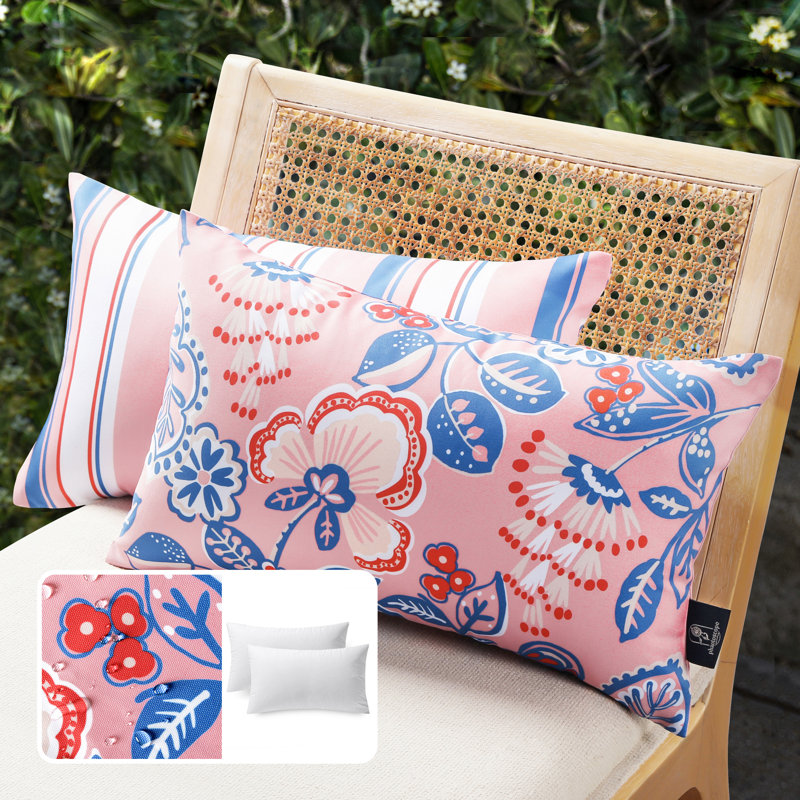 Light Pink and Blue Floral Outdoor Throw Pillow Set