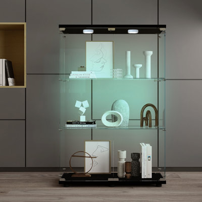 Black Tempered Glass Display Cabinet With Built - In Lighting, , 110 Lbs Capacity, Safe For Use Locking Mechanism, 50.74" H,