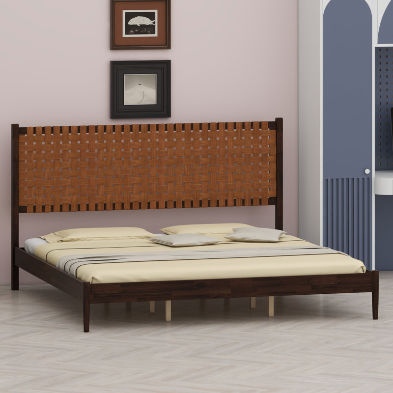 Base de lit plateforme Mid-Century moderne avec tête de lit tissée à la main, Marron foncé
