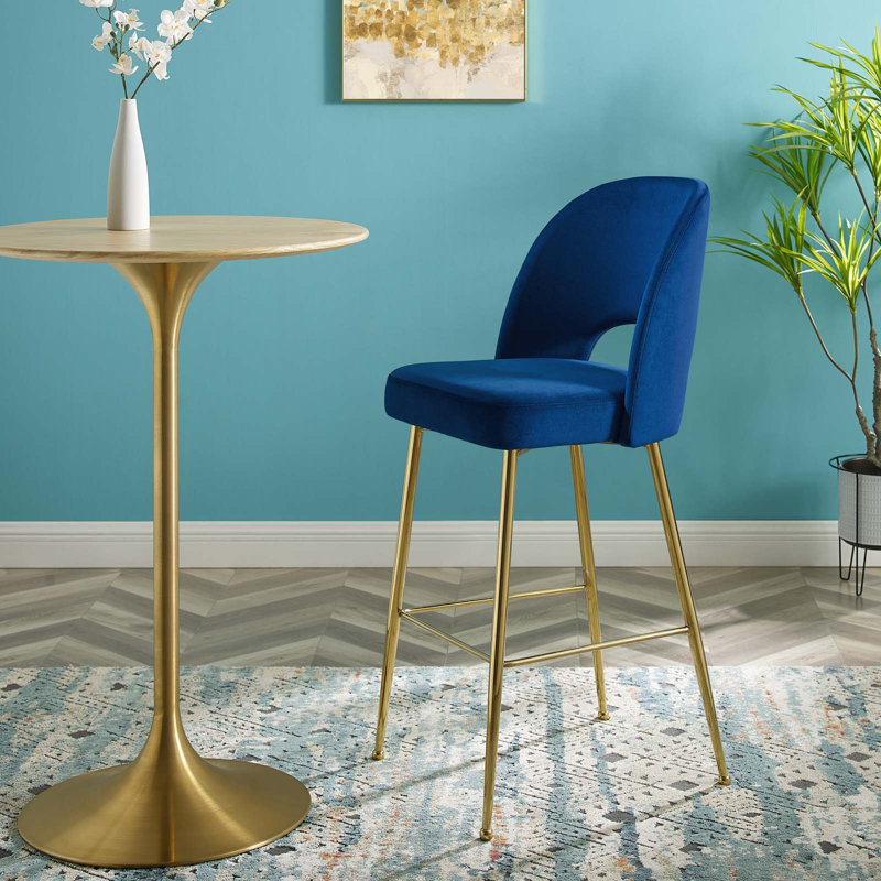 Tabouret de comptoir en velours gris anthracite Rouse Performance, Or, Bleu marine