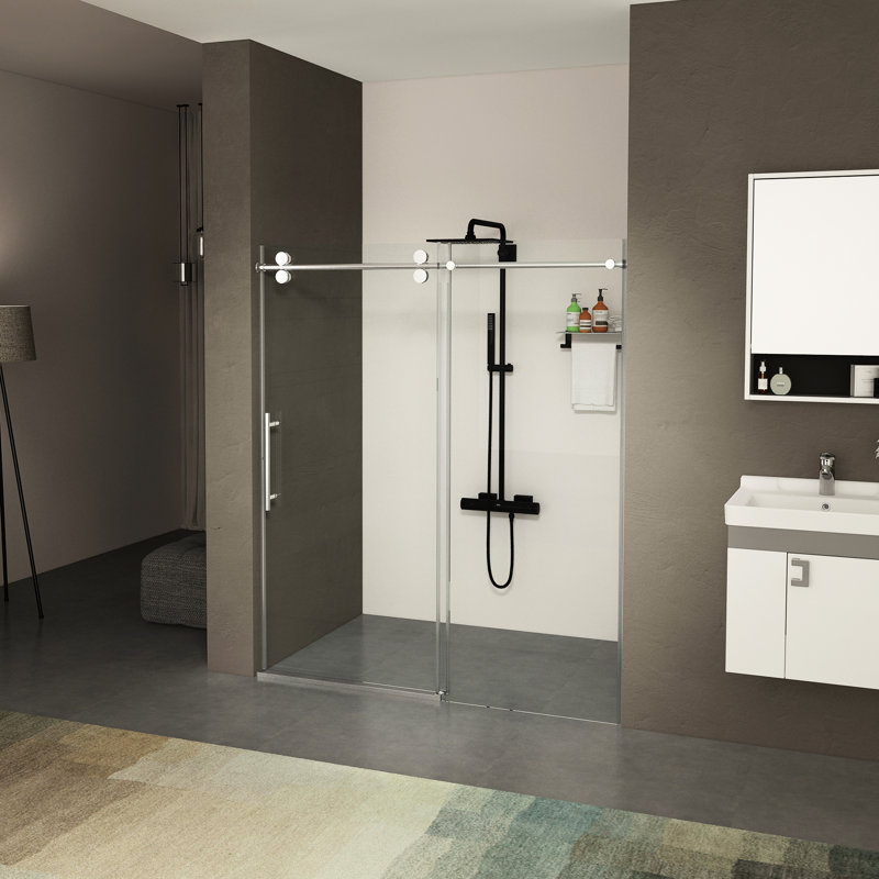Porte de douche coulissante de 70 po h avec verre trempé de 8 mm, revêtement double face, finition et cadre en acier inoxydable anticorrosion, largeur réglable, lisse et silencieuse 56 po x l 5/16 po (8 mm), facile à nettoyer,