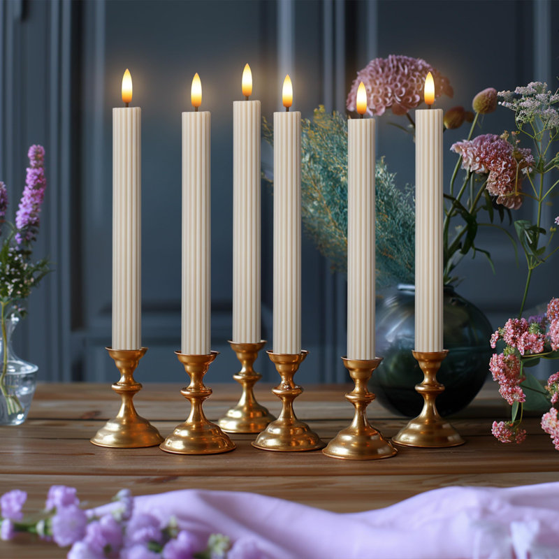 Fluted Ribbed Grooved LED Flameless Taper Candles, Remote, On/Off Button, Battery Operated, 12 Pack, Cream Beige