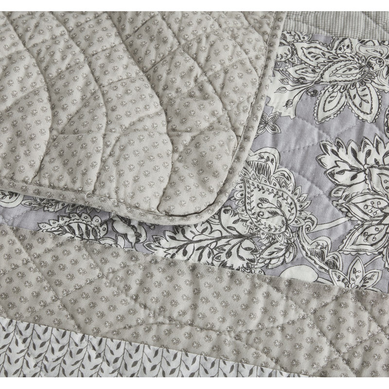 Twin Gray Cotton Reversible Patchwork Floral Quilt Set