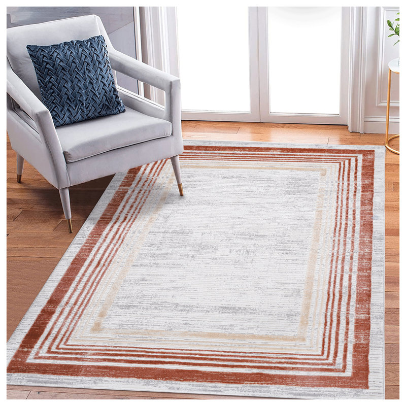 Tapis à bordure moderne brun et ivoire MARFI Collection 8 x 10, Brun, Rectangle 7 pi 9 po x 10 pi