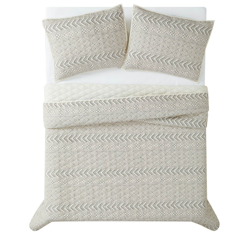 Ivory Cotton Full Quilt Set with Reversible Design