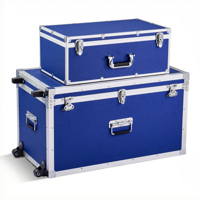 Coffre de rangement en métal, ensemble de 2 boîtes de rangement en bois avec cadenas, grand coffre comprenant des roulettes et 3 poignées en métal, coffre de rangement décoratif avec couvercles pour le voyage, appartement, dortoir, bleu