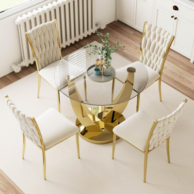 Ensemble de table de salle à manger 38,9 "en verre trempé 38,9" pour 4 personnes, ensemble de table et table en verre trempé avec 4 chaises en velours