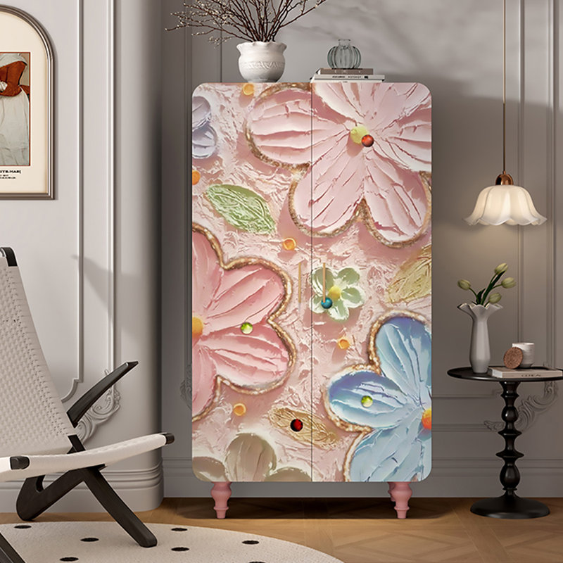 Armoire de rangement française à double porte en bois de pin rose romantique français