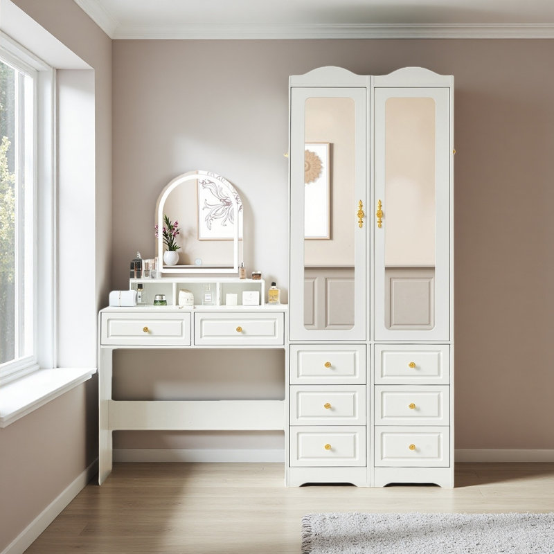 Vanity Desk & 2 Armoire Wardrobe Cabinet With 5 Drawers & 3 Color And Lighting Brightness Adjustable, Dressing Table Set With Mirror And Lights ,white