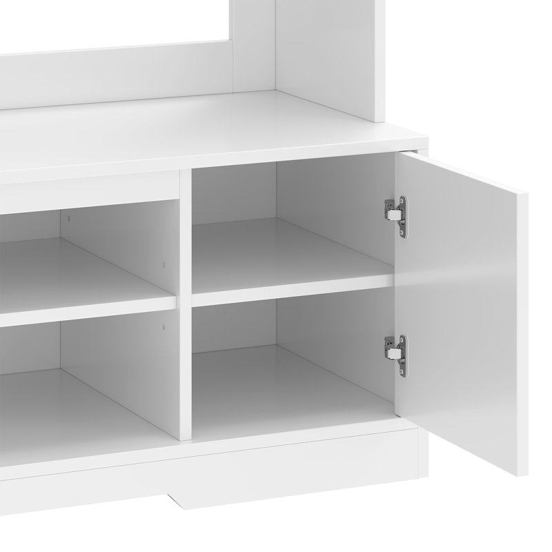  63"W Wall Unit Entertainment Center With Power Outlets & Adjustable Storage Cabinet, White