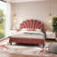 Lit plateforme tapissier de soutien pleine grandeur avec tête de lit en velours à motif floral, convient au matelas double double, finition rouge